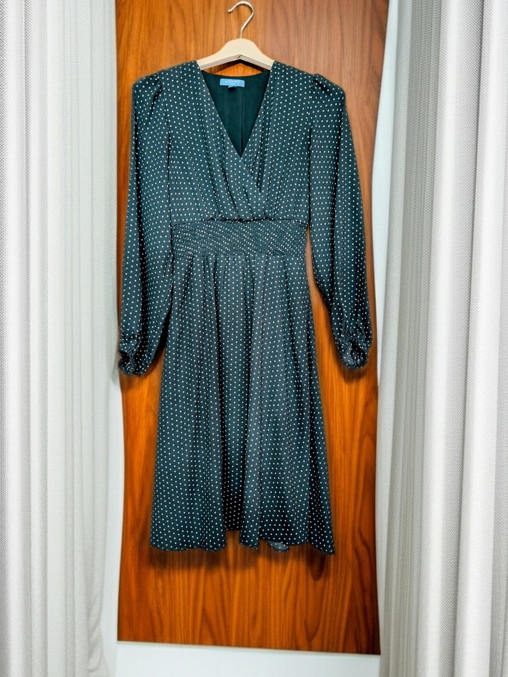 Draper James Dark Green Polka Dot V-Neck Long Sleeve Dress